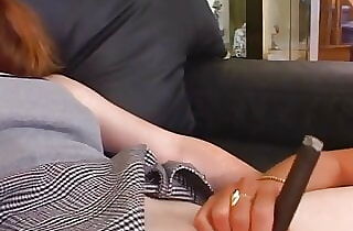 Husband and wife fuck cute redheaded childminder with small tits on sofa