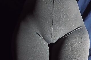 Ginormous pussy girl in gray stretch pants let me film her package.