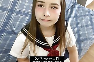 Cutie in Asian school uniform touches your cock and gets embarrassed